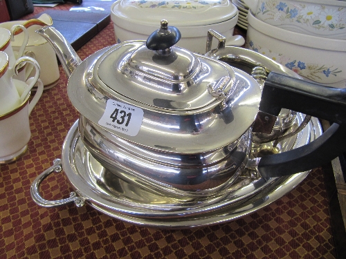 A good quality silver plated three piece teaset together with an entree dish, cruet, candle