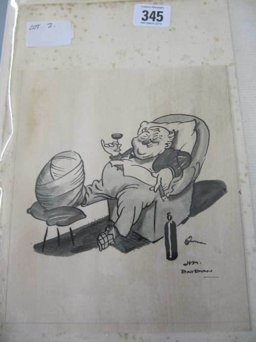 A cartoon pen and ink study of a man seated in an armchair with foot bandaged from gout.