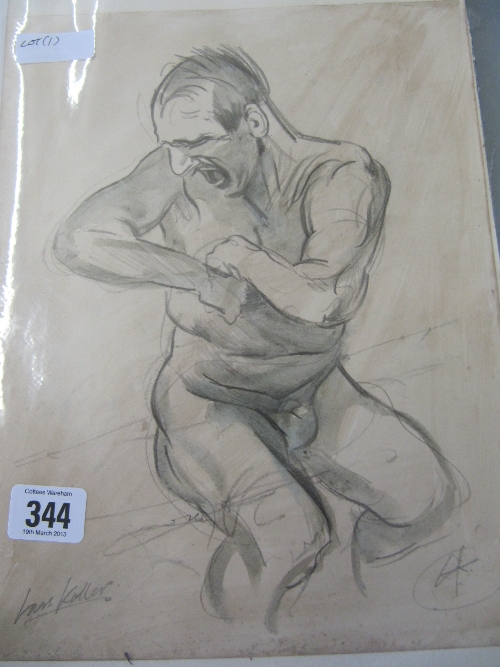 An unframed pencil and wash watercolour study of a naked male figure.