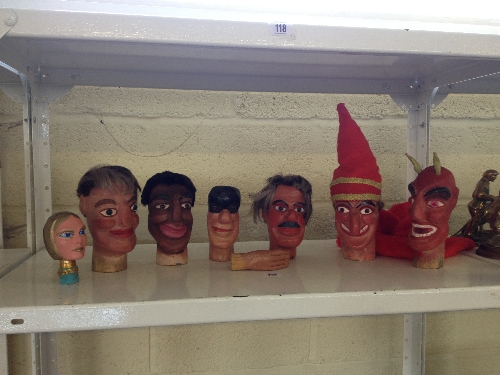 Seven various carved wood puppet heads probably by Fred Bedwell modelled as various Punch & Judy