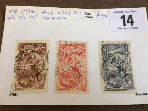 GB 1934 good used set 2/6 5/- 10/- SG 450/2 Cat £190.