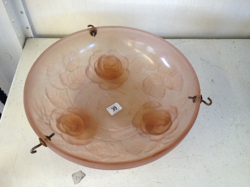 An early 20th century Art Deco pink glass Plafonnier decorated with roses with impressed