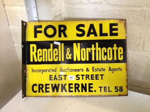 An early 20th century enamel estate agents sign: Rendell and Northcote, Crewkerne.