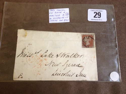 GB 1853 1d red with black Maltese X on stamp on cover pmks on back Cat £50.