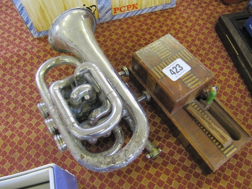 A silver plated Besson cornet (af) together with a novelty wooden box.