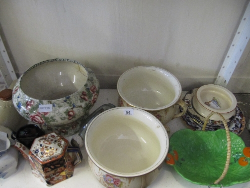 A shelf containing a quantity of china including a pair of Crown Devon Fieldings china chamber