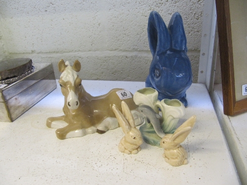 A blue glazed Danesby Ware Denby rabbit together with a large Szeiler china model of a horse and