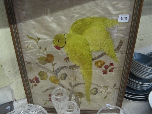 A framed and glazed Crewel work silk embroidered picture: Parrot on Branch.