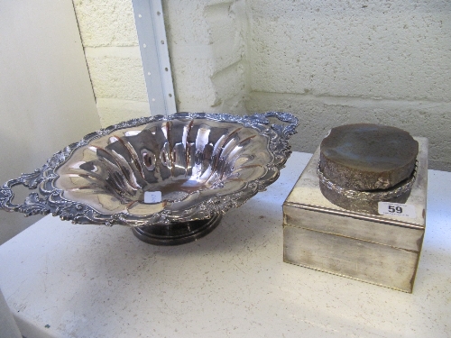 A large Sheffield plate twin handled fruit bowl together with a large plated cigarette box.