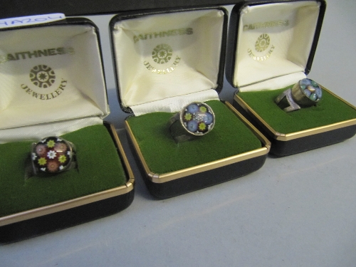 Three various Caithness glass silver rings in the style of Paul Ysart in original presentation