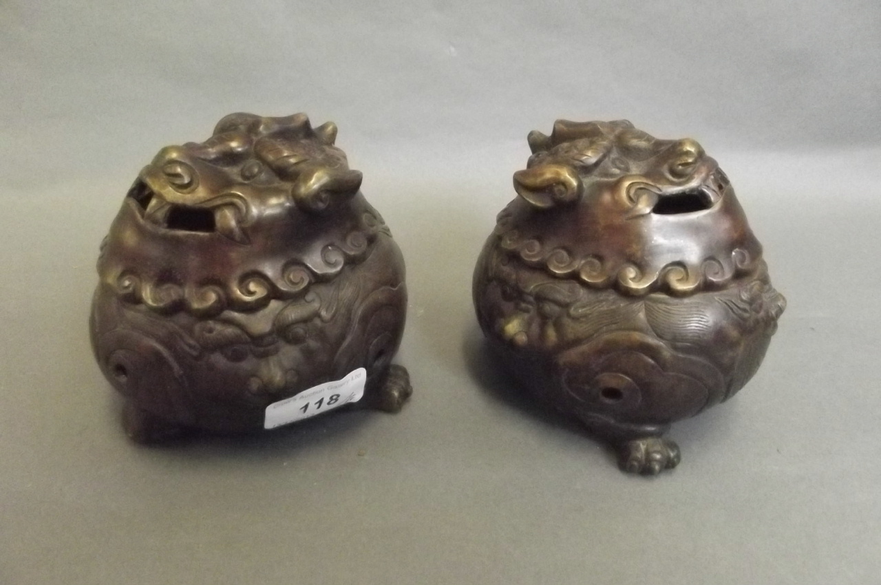 A pair of Chinese bronze censers in the form of kylin, 4½'' high