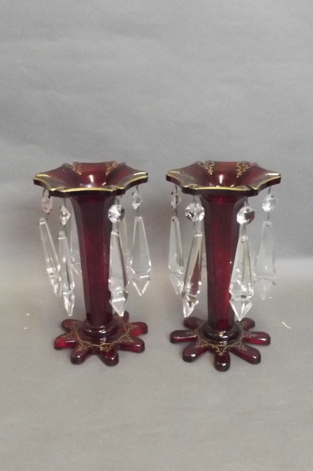 A pair of glass table lustres with cut glass drops, 9'' high