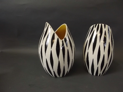 Two Sandland ware Zebrette vases with yellow internal glazed sides, 7'' high