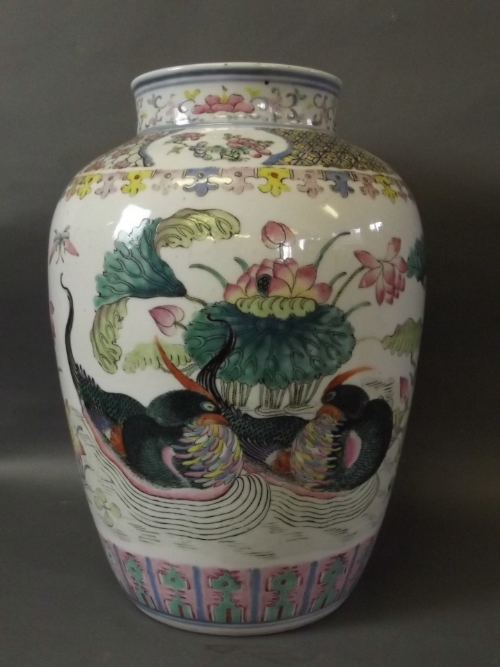 A large Chinese vase painted with ornamental ducks and large flowers (AF), 11½'' high