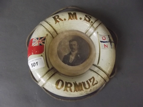 An early 20th Naval souvenir photo frame 'R.M.S. Ormuz', 7¼'' diameter