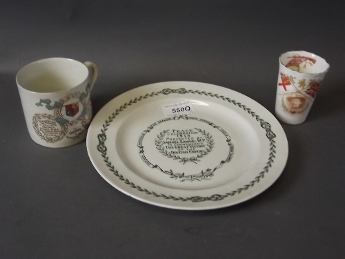 A 1919 'Peace Celebration' plate presented to Samuel Samuel M.P., 8½'' diameter, a WWI Triumph mug