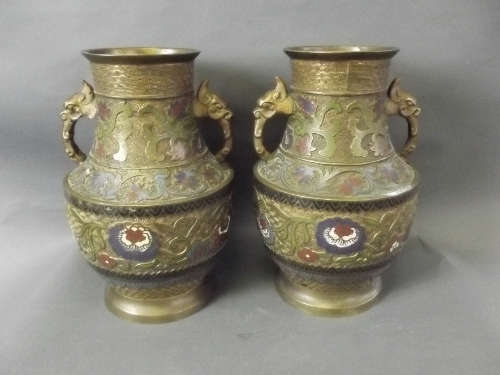 A pair of Chinese bronze cloisonné vases with raised lotus flower decoration to sides and ornamental