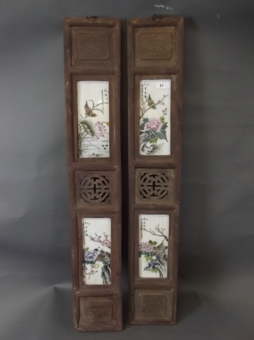 A pair of carved C19th Chinese ceramic screens with painted decoration depicting birds in