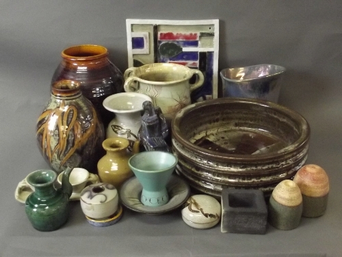 A large collection of studio pottery to include various vases, a large bowl, and other items, 11''