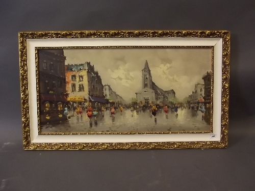 A late C20th oil on canvas continental street scene, signed indistinctly, 31½'' x 15½''