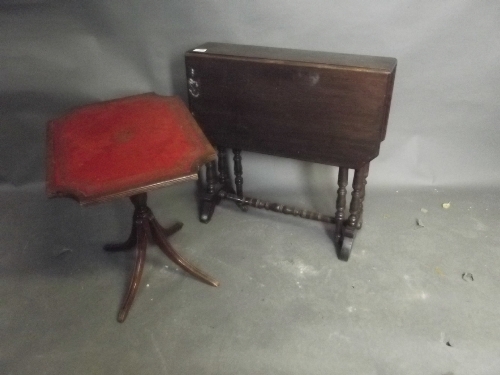 An Edwardian mahogany sutherland table, 24'' wide, and a tripod tilt top table with a leather
