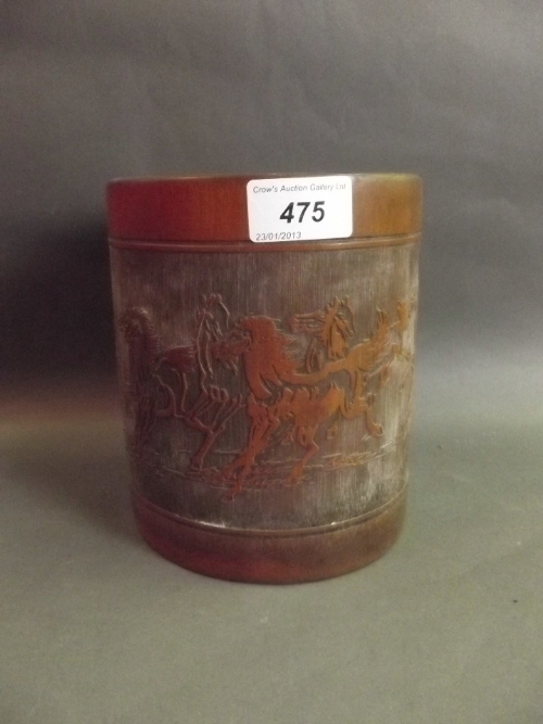 A Chinese bamboo brush pot, with carved decoration depicting horses with calligraphy verso, 6¾''