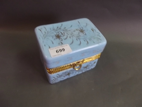 A C19th thick opaline glass and brass casket, with gilt painted decoration, 5¼'' wide, 3½'' deep,
