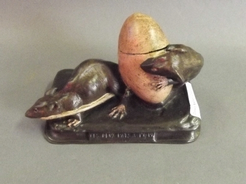 A cold painted bronze inkwell in the form of two rats and an egg, 5¼'' wide, 3 1/¼ high