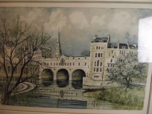 A limited edition colour print of riverside buildings with figures in a punt (Pultney Bridge, Bath),