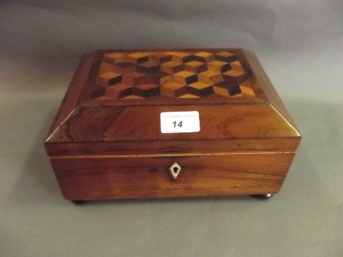 An early C19th rosewood Tunbridgeware inlaid workbox with twin flute handles, 10¾'' wide, 7½'' deep,