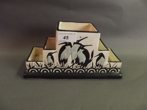 A French pottery five section vase painted with stylized birds, 9½'' wide, 4¾'' high