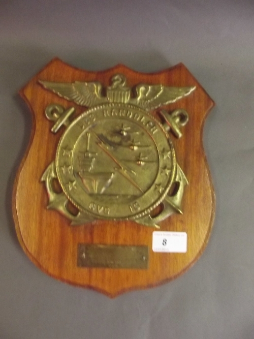 A mid C20th brass and mahogany ships plaque 'USS Randolph', signatures verso, dated 1966, 11'' x