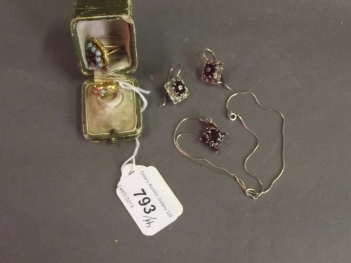 A pair of garnet set 925 silver earrings and the matching pendant, a Victorian 18ct gold ring set