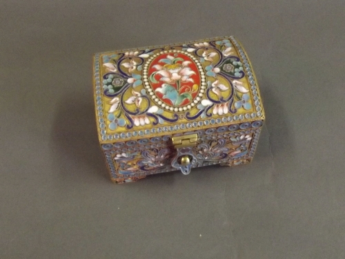 A good quality Russian silver gilt and enamel decorated dome topped casket marked with a twin headed