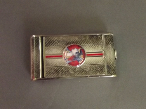 An unusual mid C20th chrome cigarette case with faux shagreen and enamel decoration, 4'' x 2''