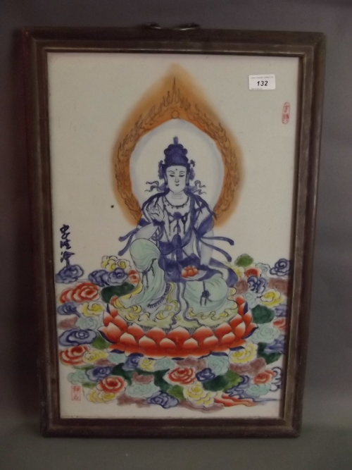 A porcelain panel, with decoration of Buddha on a lotus throne, 25'' x 17''