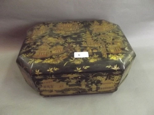 A C19th Chinese export ware lacquer fitted box with a drawer to base, 14'' x 10'', 6½'' high