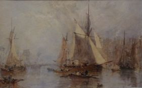 George Weatherill (British 1810-1890): Sailing Barge and Fishing Boats in Whitby Harbour,