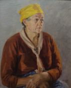 Philip Naviasky (British 1894-1983): 'Half length Portrait of a Woman with Yellow Head Scarf, oil on