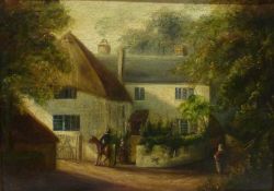 C L James (19th century): Figures outside a Cottage, oil on board signed and dated 1880, also