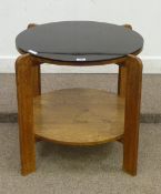 Art Deco circular oak two tier occasional table with black glass top