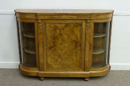 Victorian figured walnut credenza with ormolu mounts, curved glass end doors, W151cm