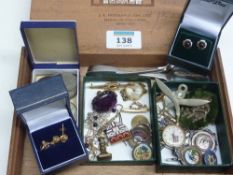 Medals, costume jewellery, hallmarked silver spoons and coins in one box