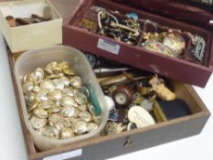 Costume jewellery, watches, military buttons and coins in two boxes