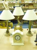 Pair of floral wrought metal table lamps another similar, candle lamp and mantle clock.