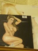 Female nude study, oil on board monogrammed by Mo McInally and two watercolour studies by John and