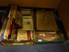 Football annuals, stamps, maps and books etc in two boxes