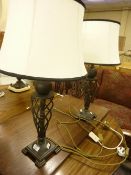 Pair metal wrought metal table lamps with shades