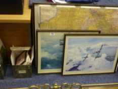 Collection of aviation related items; maps, prints of aircraft and collector cards