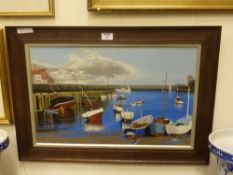 'Bridlington Harbour Winter', oil on board, signed by Lesley Kelly, c.1968